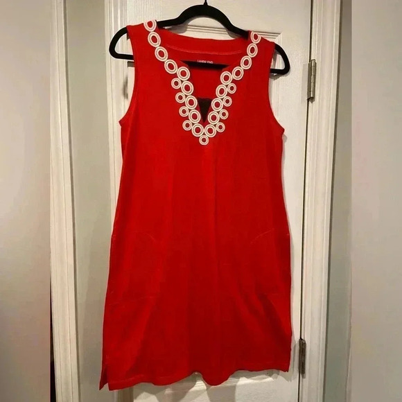 Lands End Sleeveless Pullover Cotton Dress Pocket Embellished Lace V Neck Size S - Picture 1 of 11